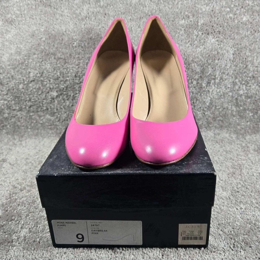 J.Crew Mona Midheel Pumps Pink Leather Round Toe Barbiecore Womens 9